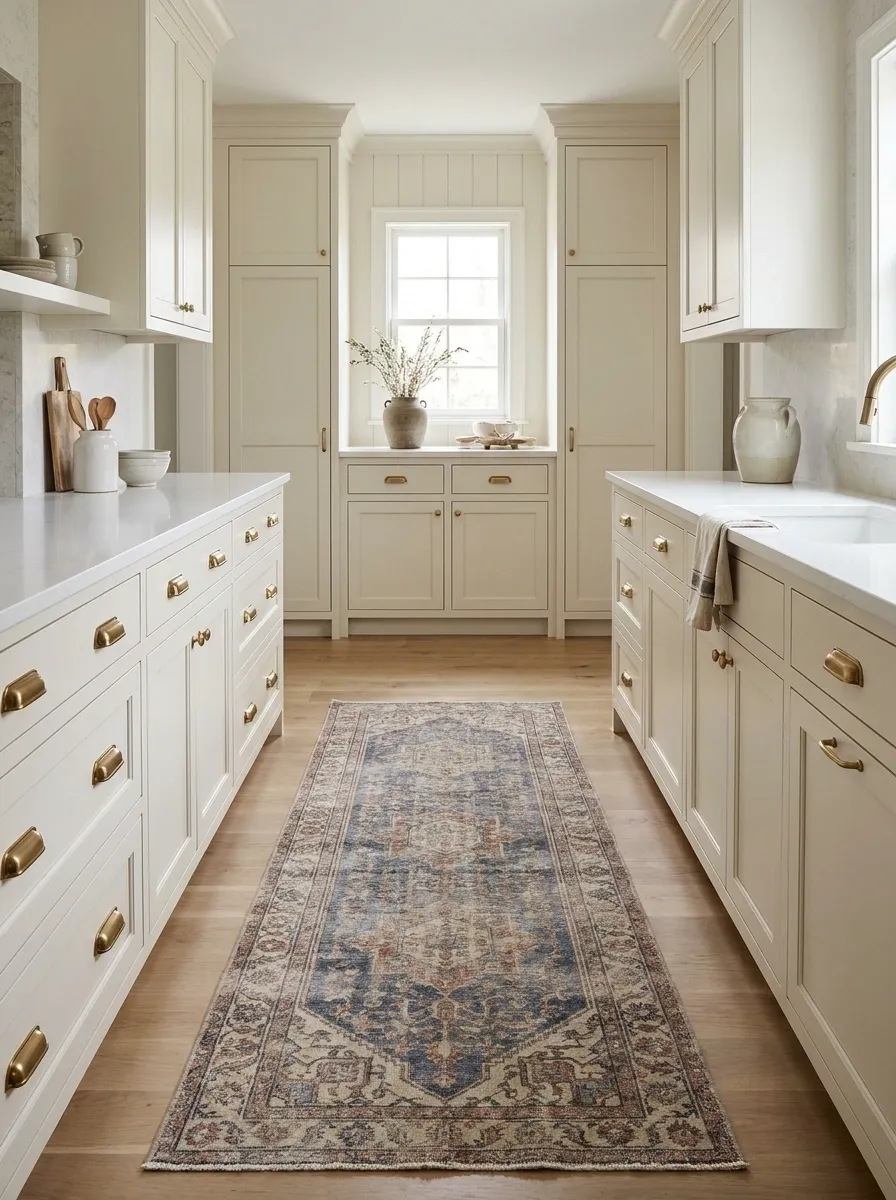 Transitional Kitchen With a Central Runner and Quiet Cabinetry