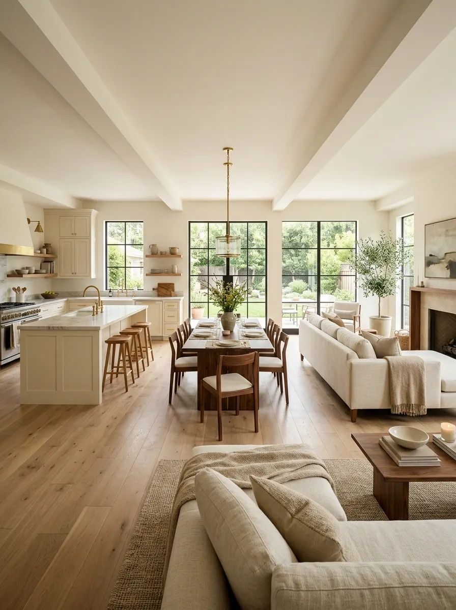 Transitional Open Plan With Oak Floors and Walnut Dining Furniture
