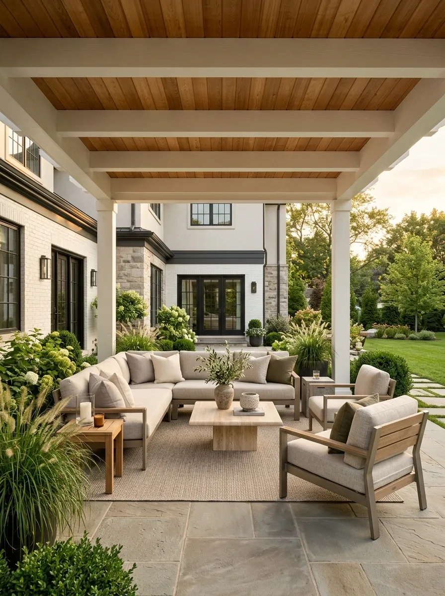 Transitional Pergola With Painted Posts and Wood Ceiling
