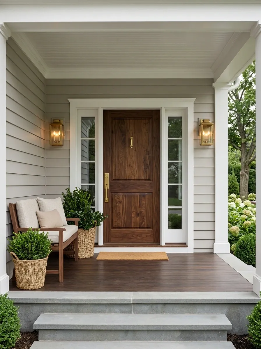 Transitional Porch With Greige Walls and Warm Walnut