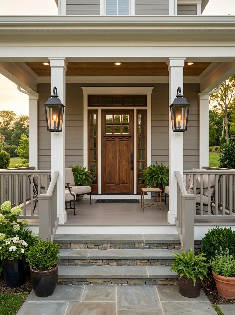 Transitional Porch With Warm Gray Railings and Oversized Lanterns