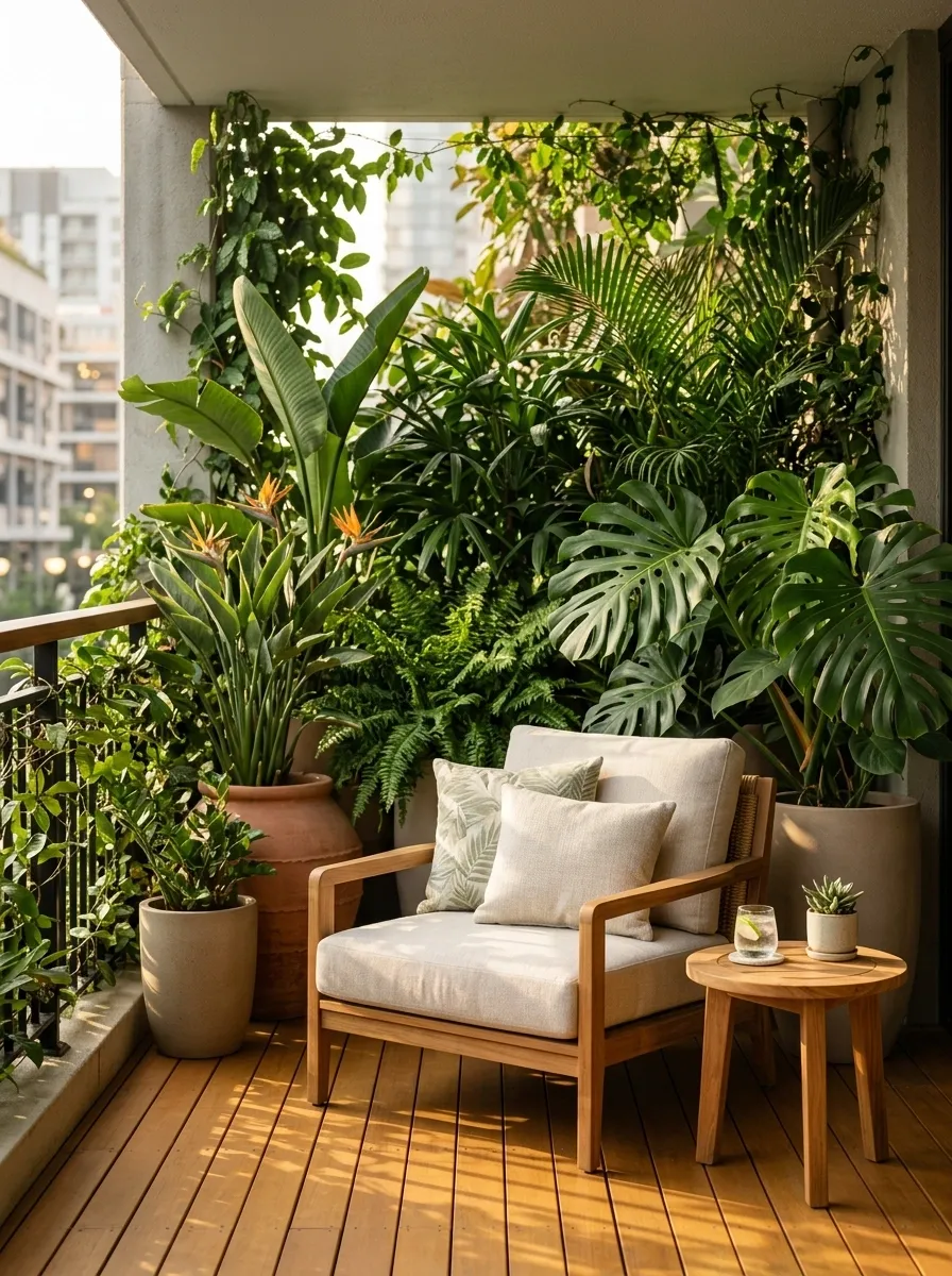Tropical Balcony Retreat With Tall Leafy Plants