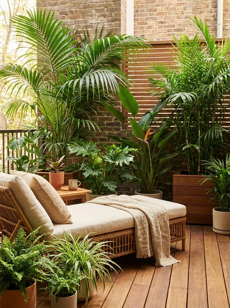 Tropical Balcony With Layered Palms and Broad-Leaf Plants
