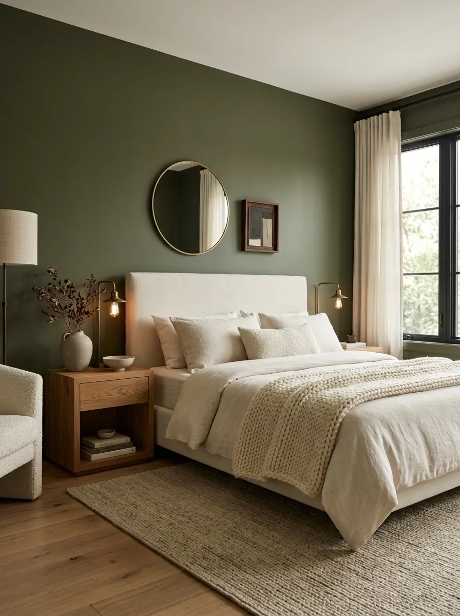 Try a Deep Olive Bedroom With Cream Textiles