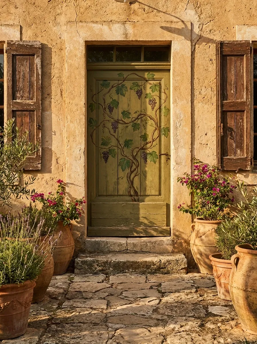 Tuscan Vineyard Door With Painted Vines and Shutters