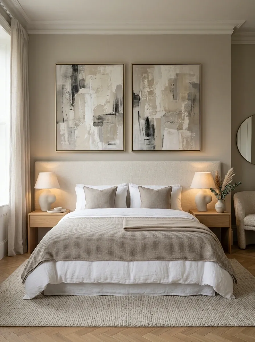 Twin Oversized Artworks With Sculptural Bedside Lamps