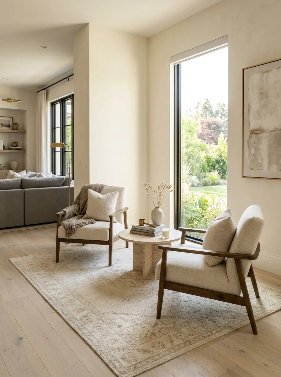 Two Slim Accent Chairs Creating a Conversation Pocket