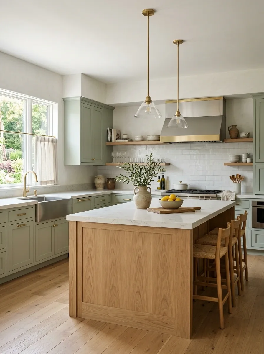 Two-Tone Green Kitchen With a Painted Island and Natural Cabinets