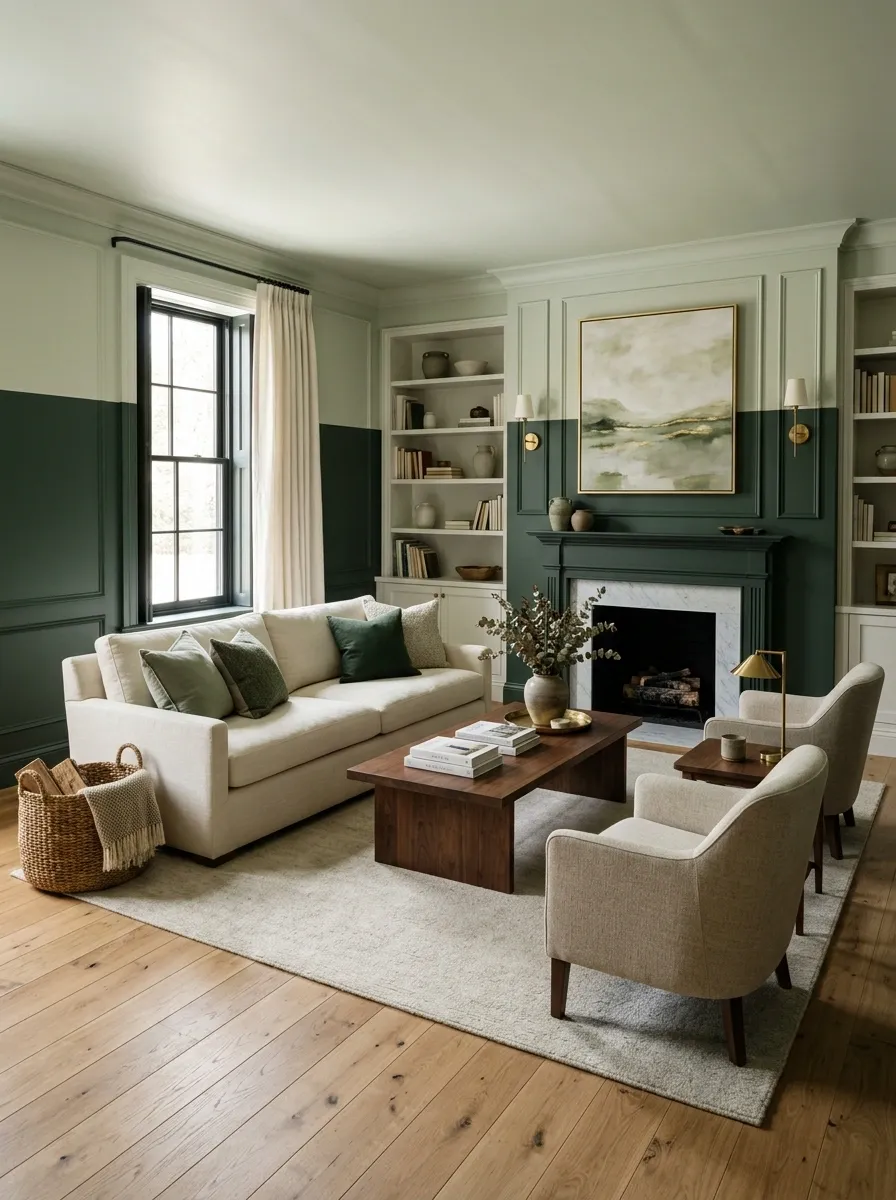 Two-Tone Green Living Room With Dark Lower Walls and Pale Upper Walls