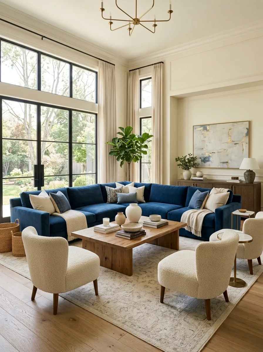 U-Shaped Blue Sectional Around a Central Conversation Zone