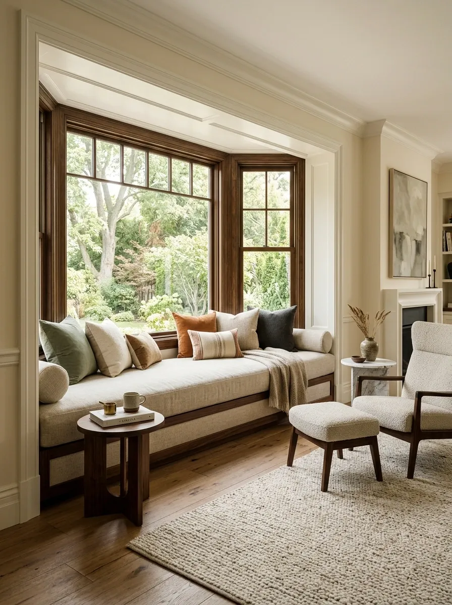 Upholstered Daybed Built Into a Wide Bay Window