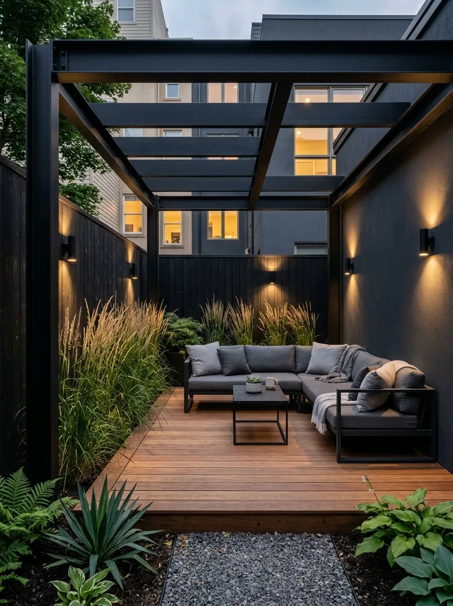 Urban Back Patio With Black Steel and Warm Wood