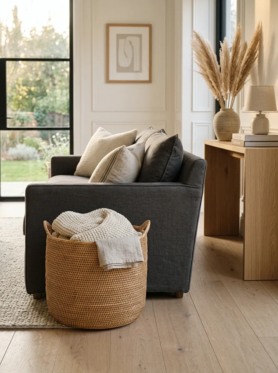 Use a Basket Beside Furniture Instead of Filling Another Shelf