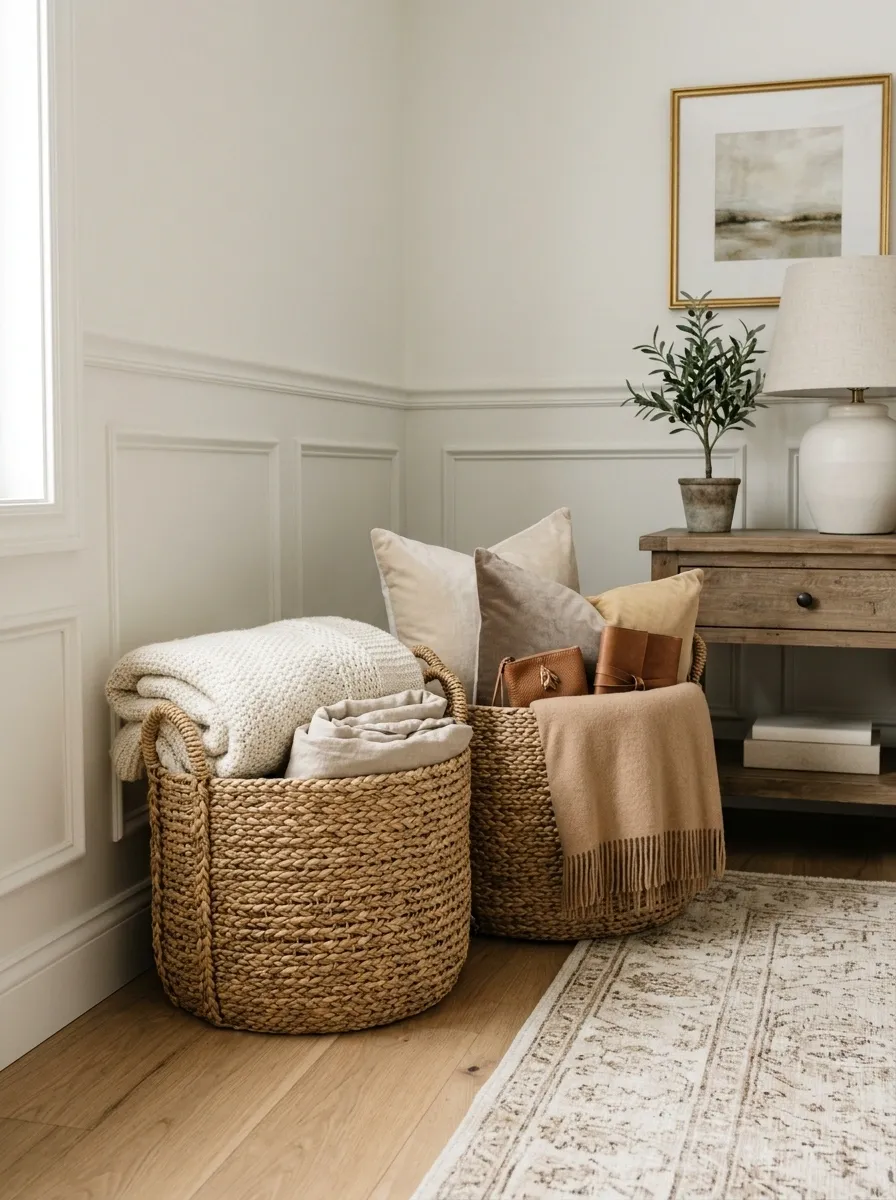 Use a Basket Pair for Blankets, Pillows, or Accessories