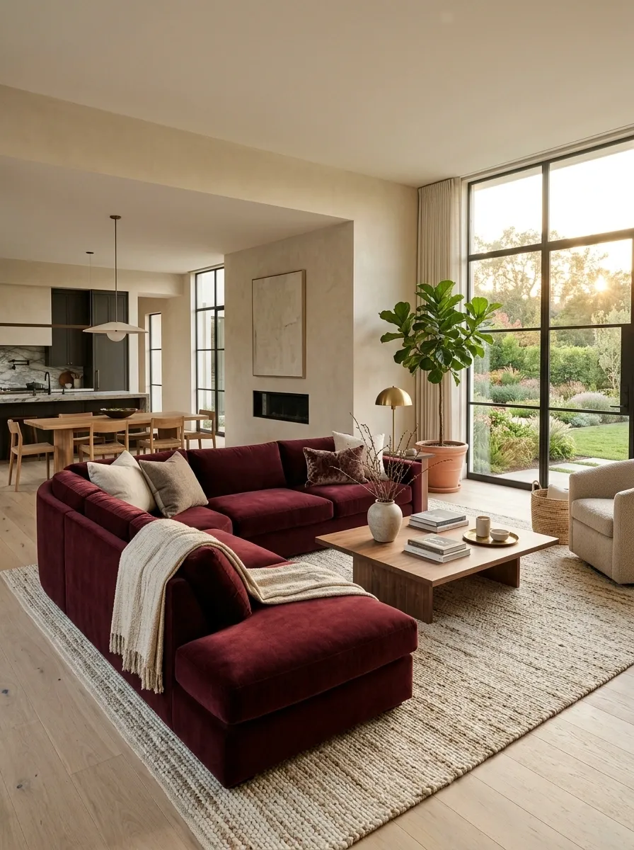 Use a Burgundy Sectional to Define an Open Floor Plan