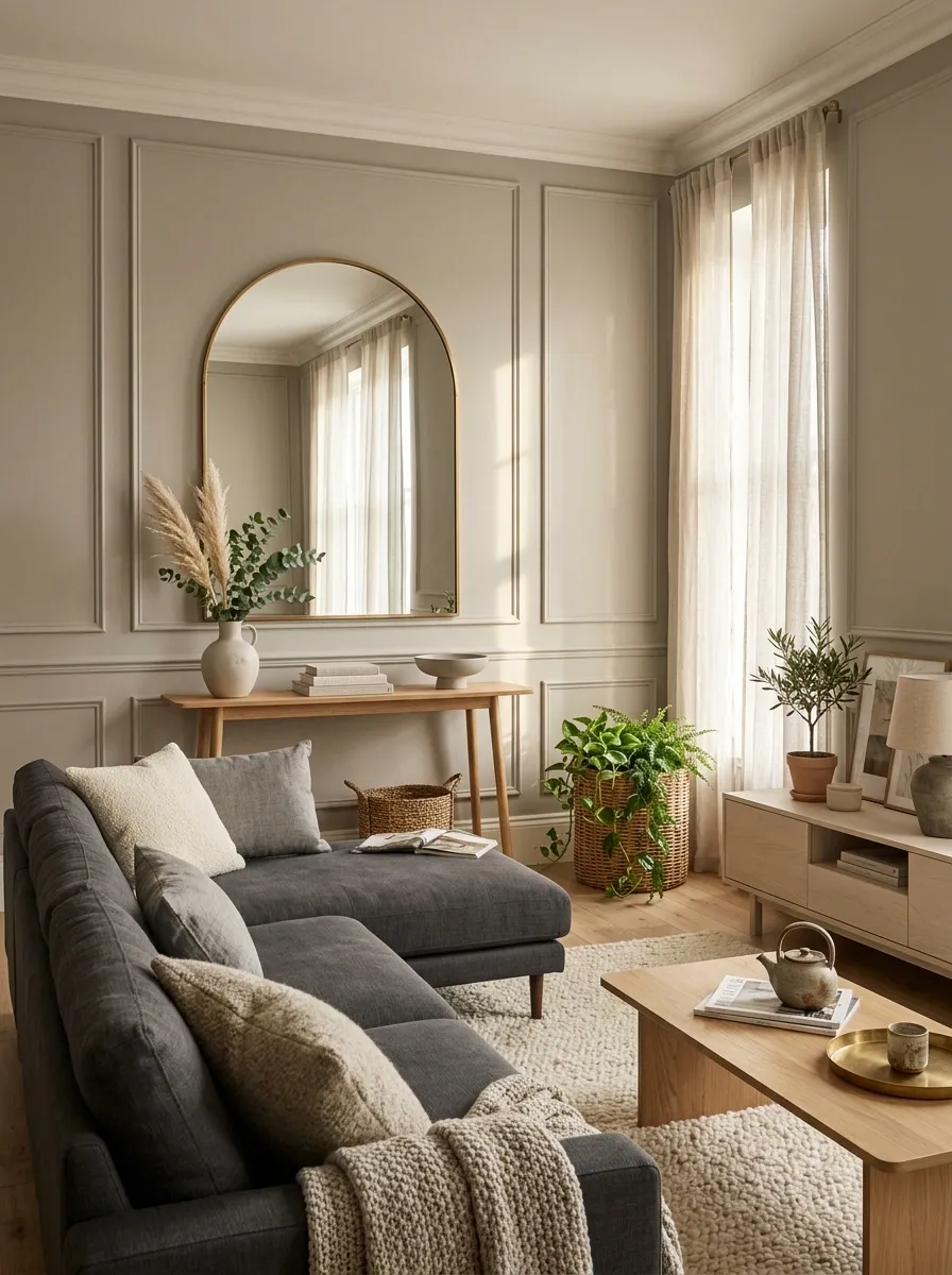 Use a Curved Mirror to Soften Boxy Grey Furniture