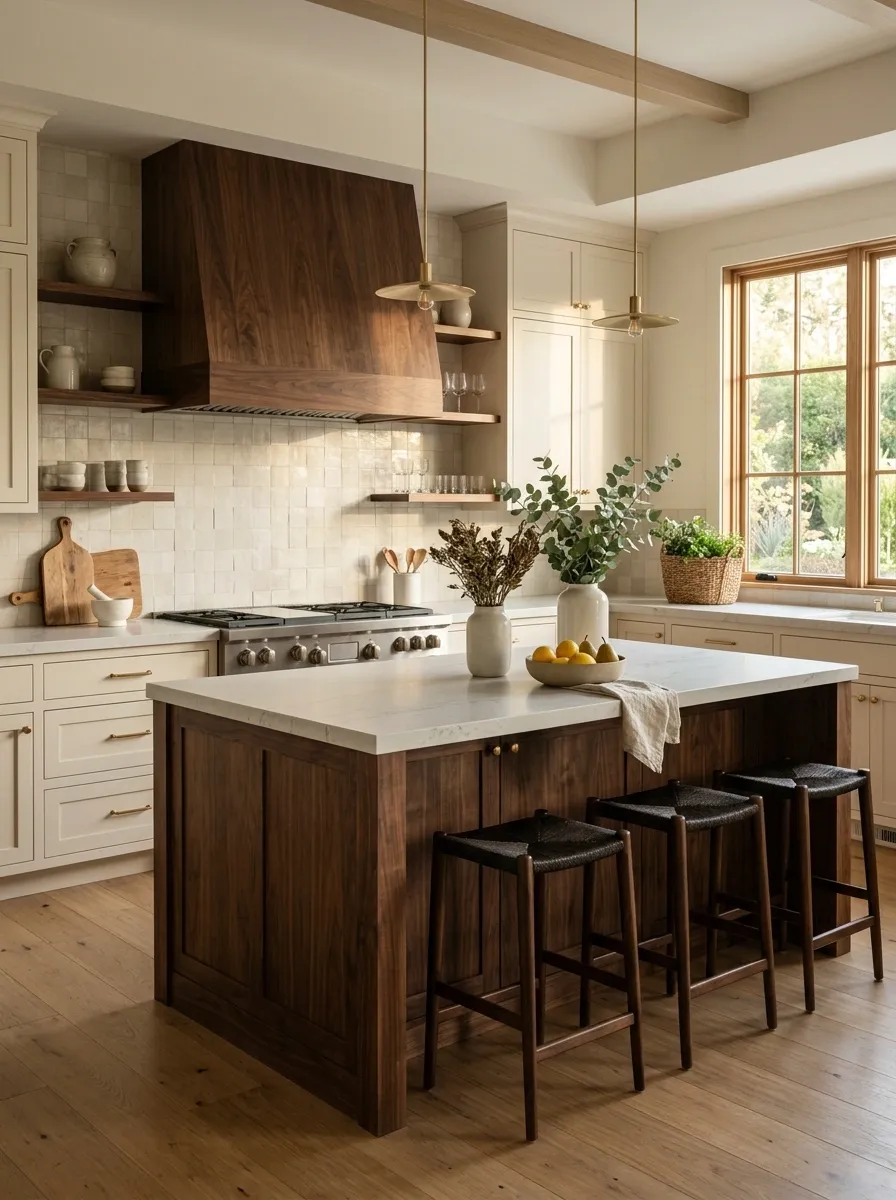 Use a dark natural wood accent to ground a light kitchen