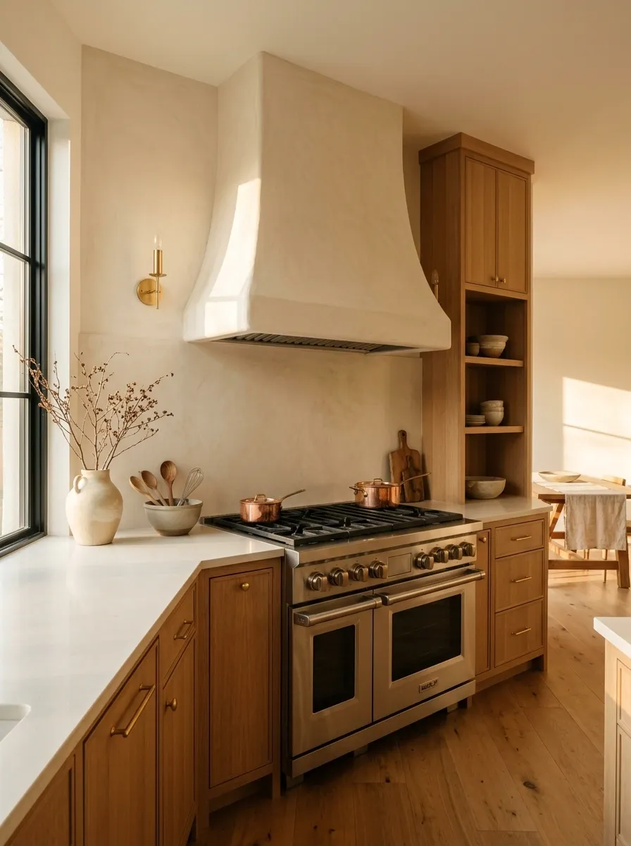 Use a plaster-look hood to soften a hard-working range wall