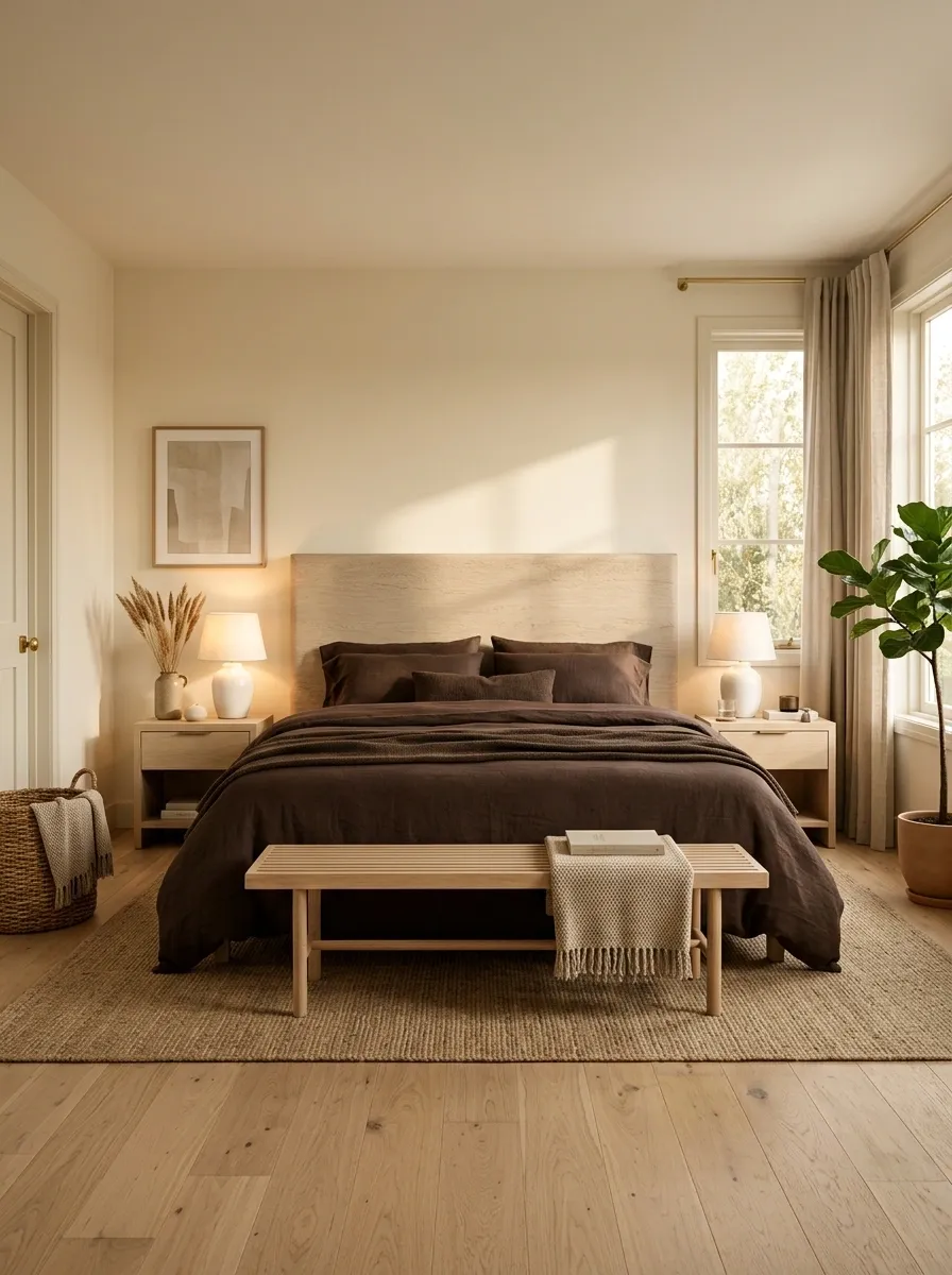 Use Brown Bedding With Pale Wood Furniture