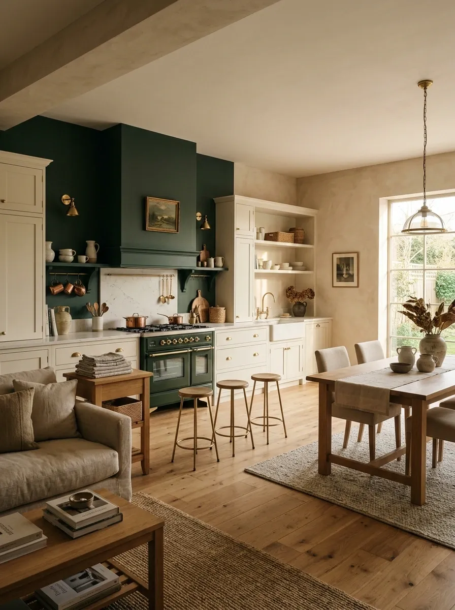 Use Dark Green on a Single Wall to Anchor an Open Kitchen