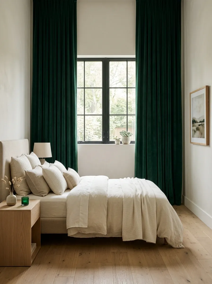 Use Emerald Curtains to Frame a Neutral Bedroom