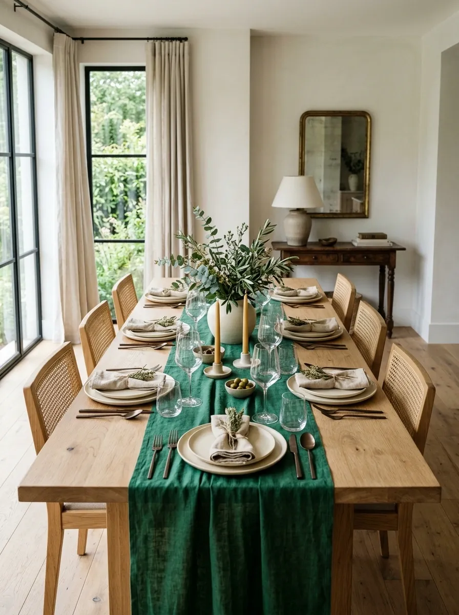 Use Emerald Table Linens With Natural Wood for the Dining Room