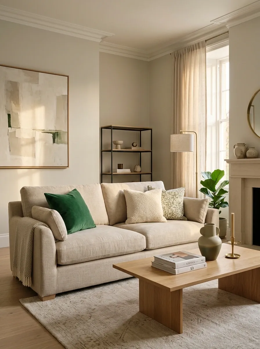 Use Emerald Throw Pillows to Wake Up a Beige Sofa