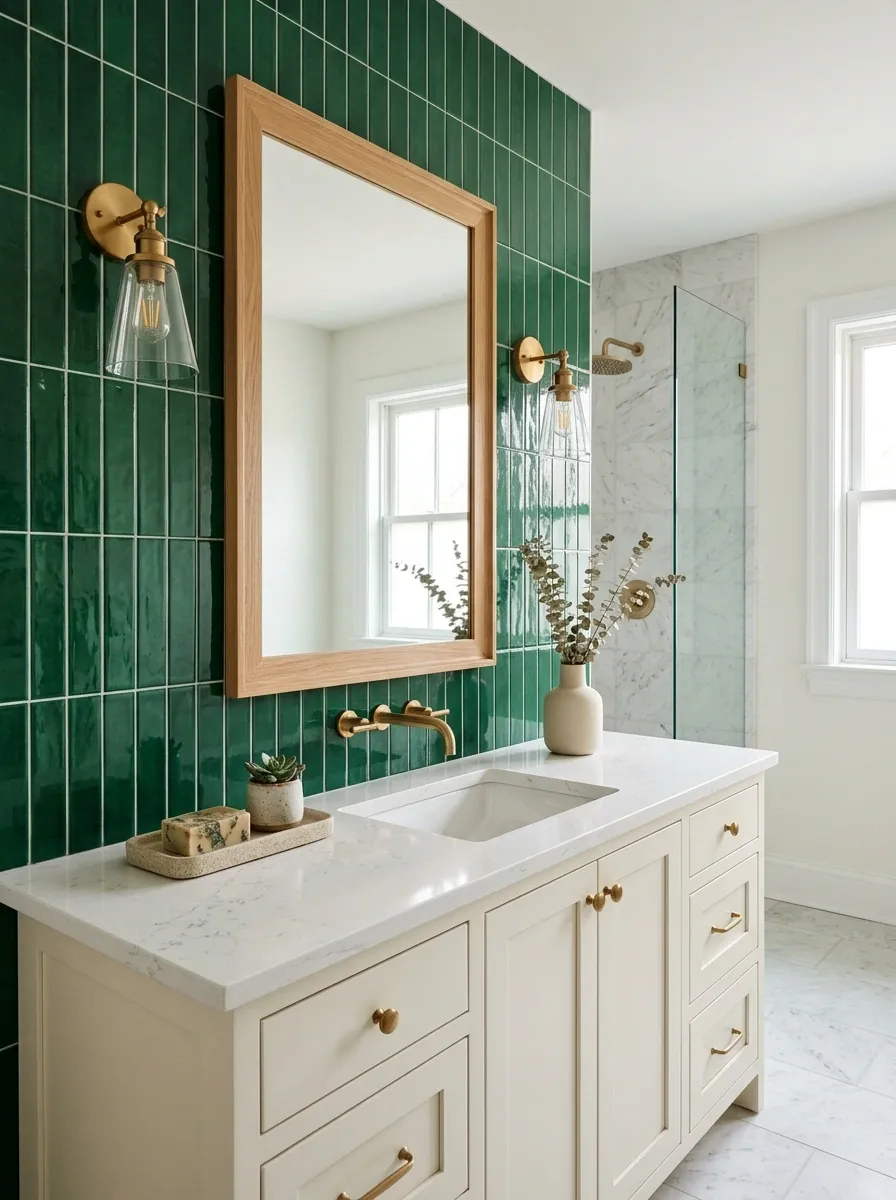 Use Emerald Tile Behind a Bathroom Vanity
