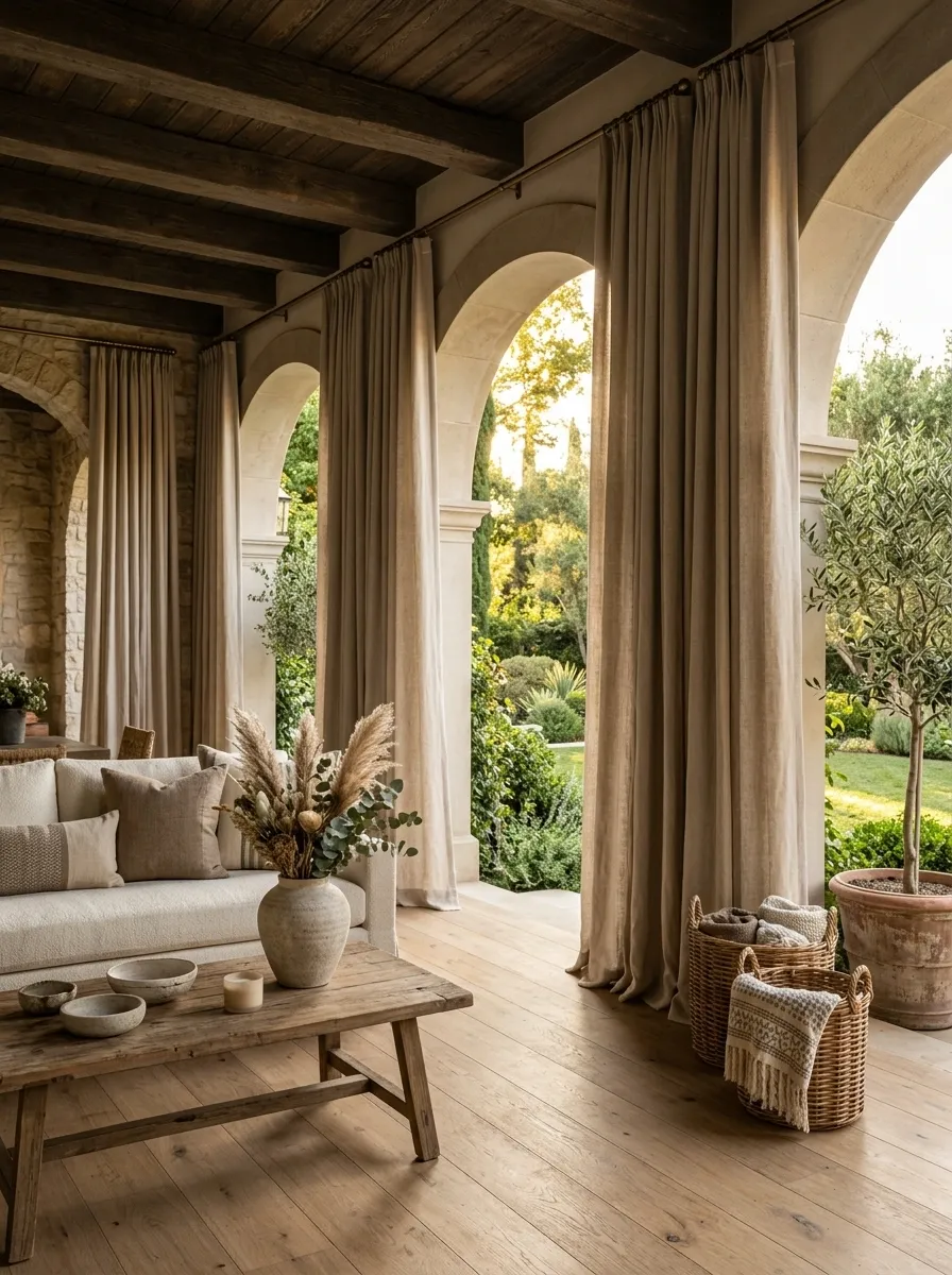 Use full-length curtains to soften a wide open porch