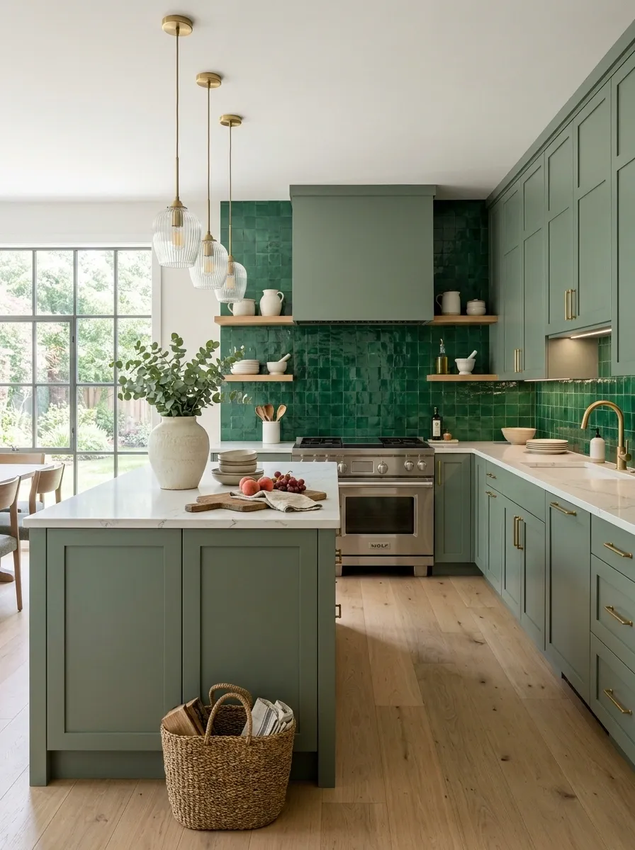Use Glossy Green Tile Against Matte Cabinets for Contrast