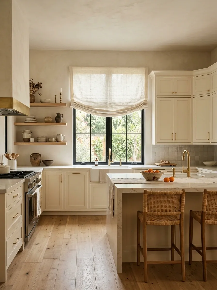 Use linen or woven shades at the kitchen windows