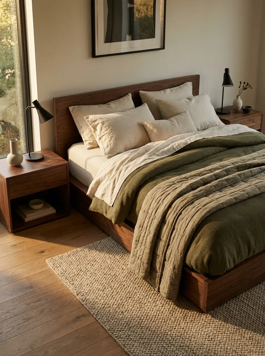 Use Olive Bedding With Walnut Furniture for a Deep, Quiet Bedroom