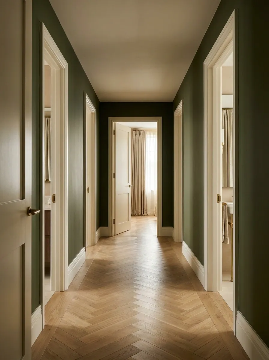 Use Olive Paint in a Hallway to Connect Separate Rooms