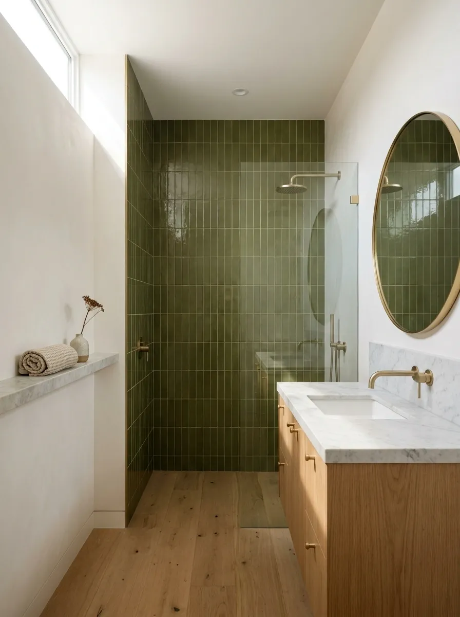 Use Olive Tile in a Small Bathroom With Warm White Walls