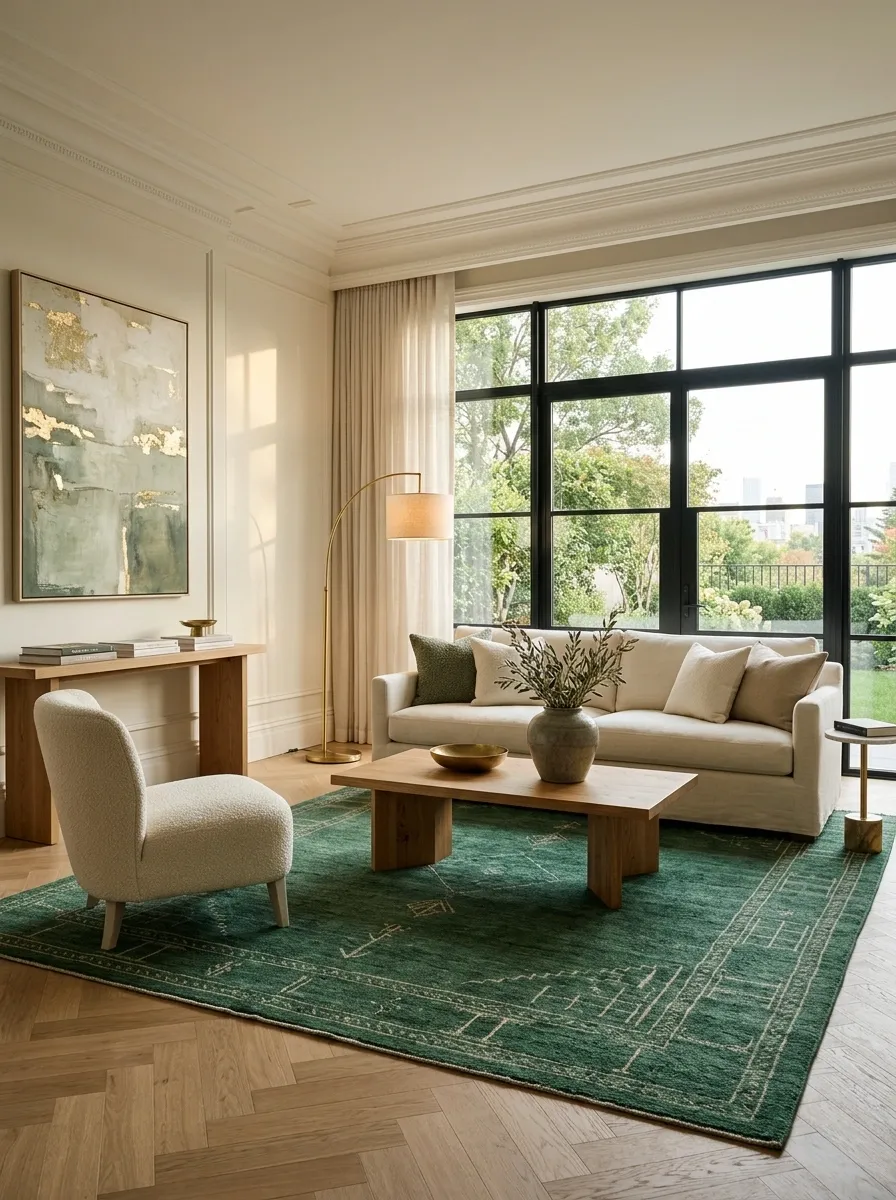 Use One Large Emerald Rug Instead of Lots of Small Green Accents
