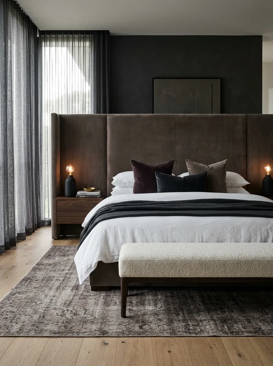 Use One Oversized Dark Headboard to Anchor the Whole Room