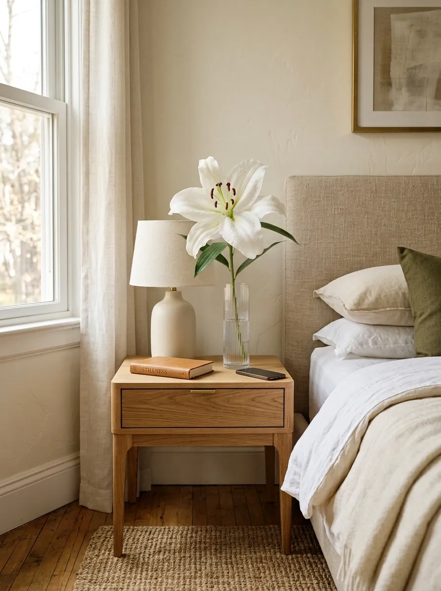 Use One Oversized Lily Stem on a Bedside Table