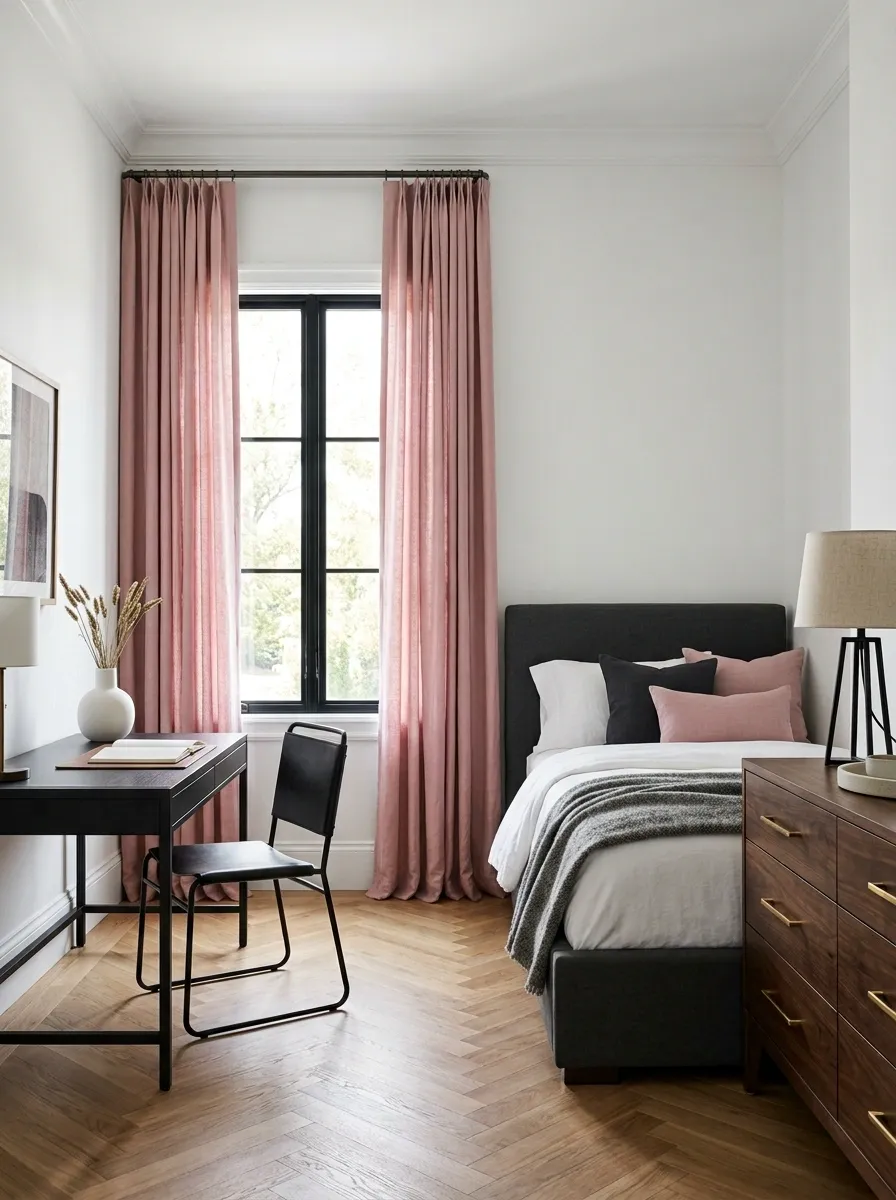 Use Pink Curtains With Darker Furniture for Contrast