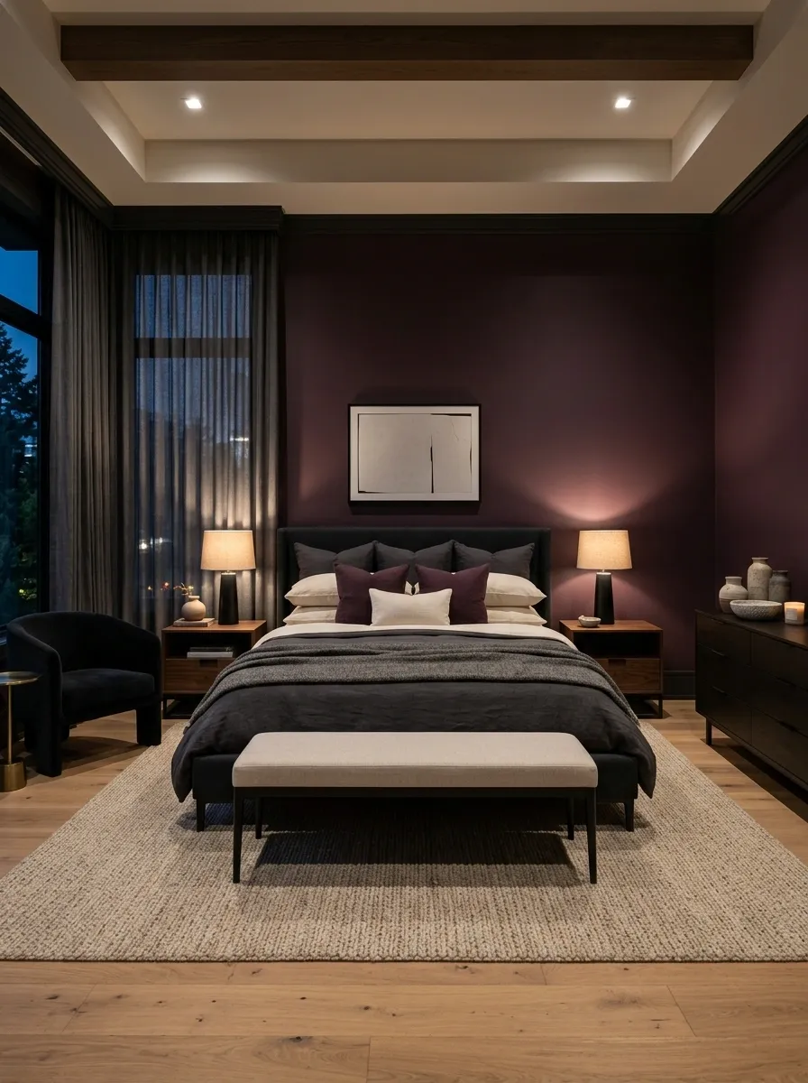 Use Plum and Charcoal for a Dramatic Bedroom