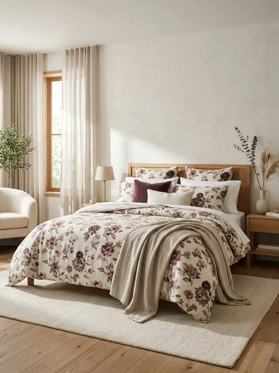 Use Plum Bedding With a Quiet Floral Pattern