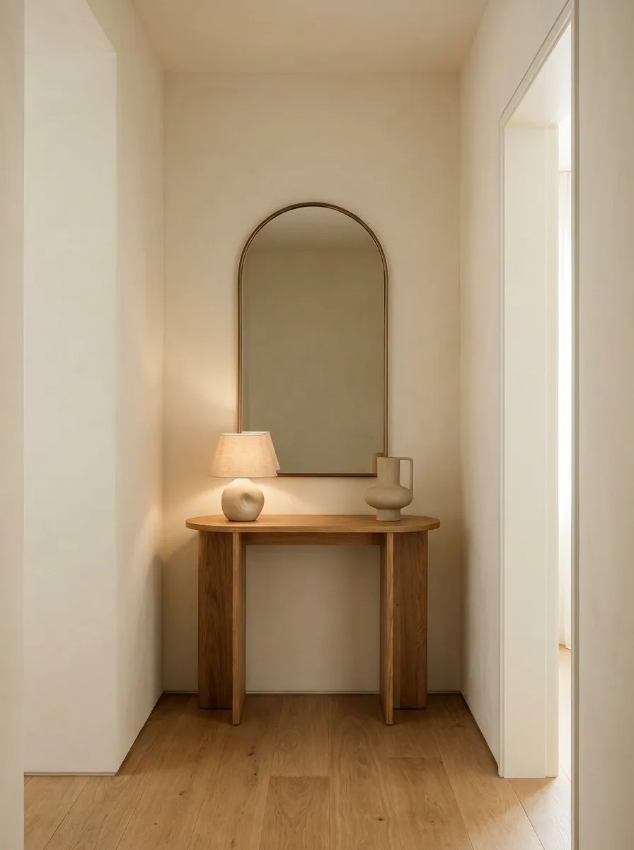 Very Small Entryway With a Curved Console and Arched Mirror