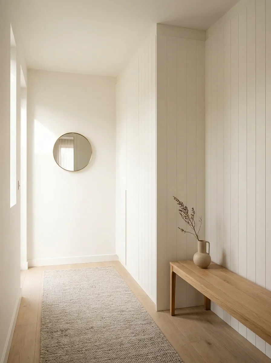 Very Small Entryway With a Hidden Cabinet Behind Matching Wall Panels
