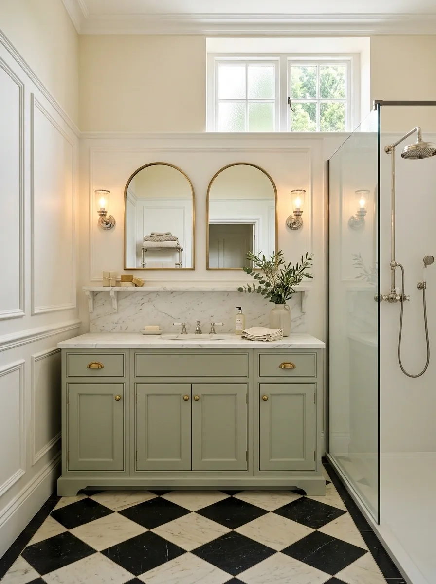 Victorian-Inspired Bathroom With Checkerboard Floor and Painted Vanity