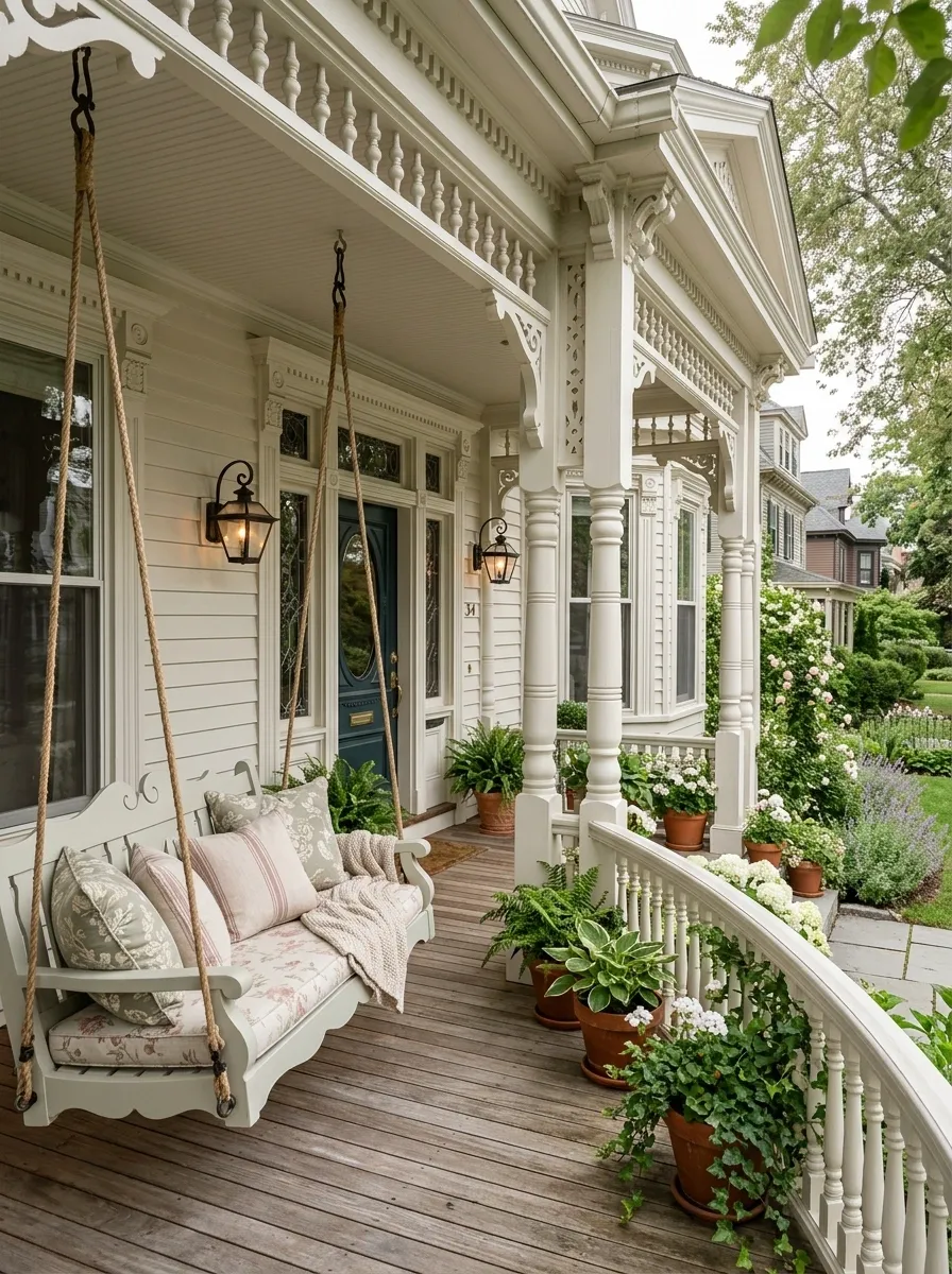 Victorian-Inspired Porch With Painted Swing and Ornamental Details