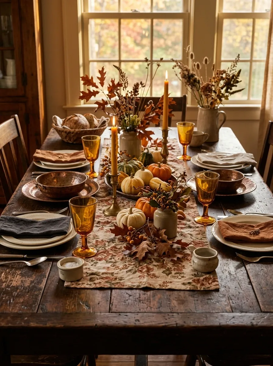 Vintage Autumn Table With Copper, Glass, and Amber