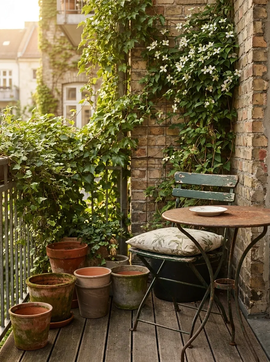 Vintage Balcony With Aged Terracotta and Climbing Greenery