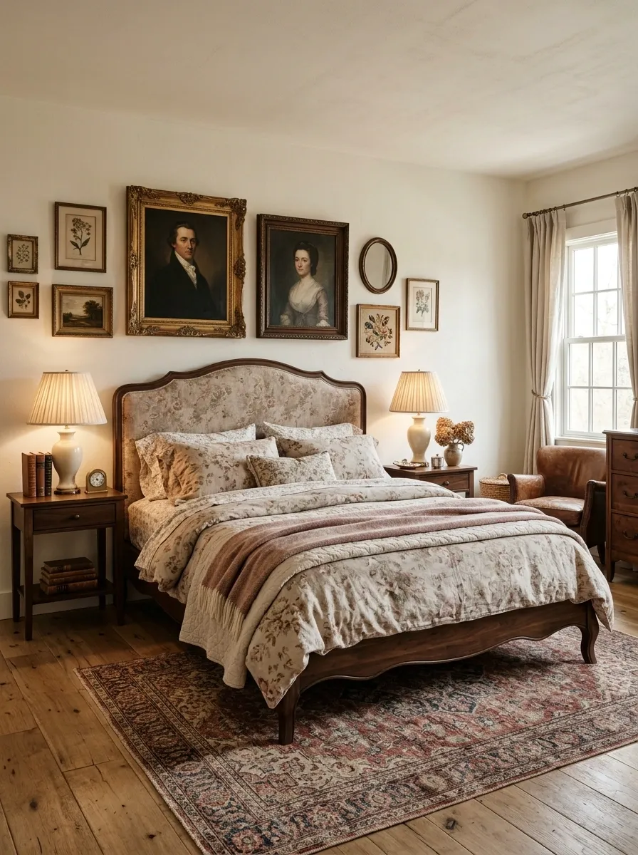 Vintage Bedroom With Ornate Framed Portraits