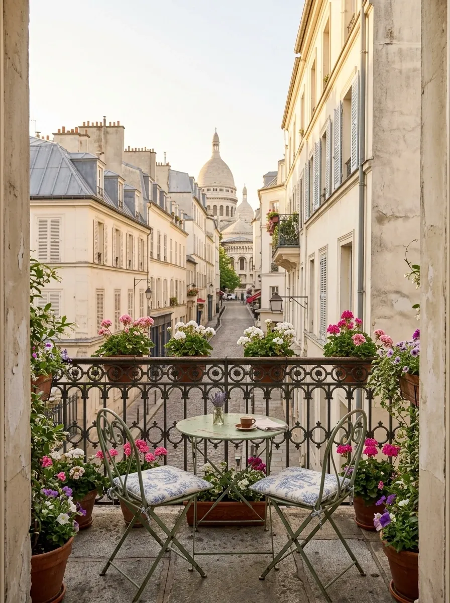 Vintage Bistro Balcony With Flower-Filled Edges