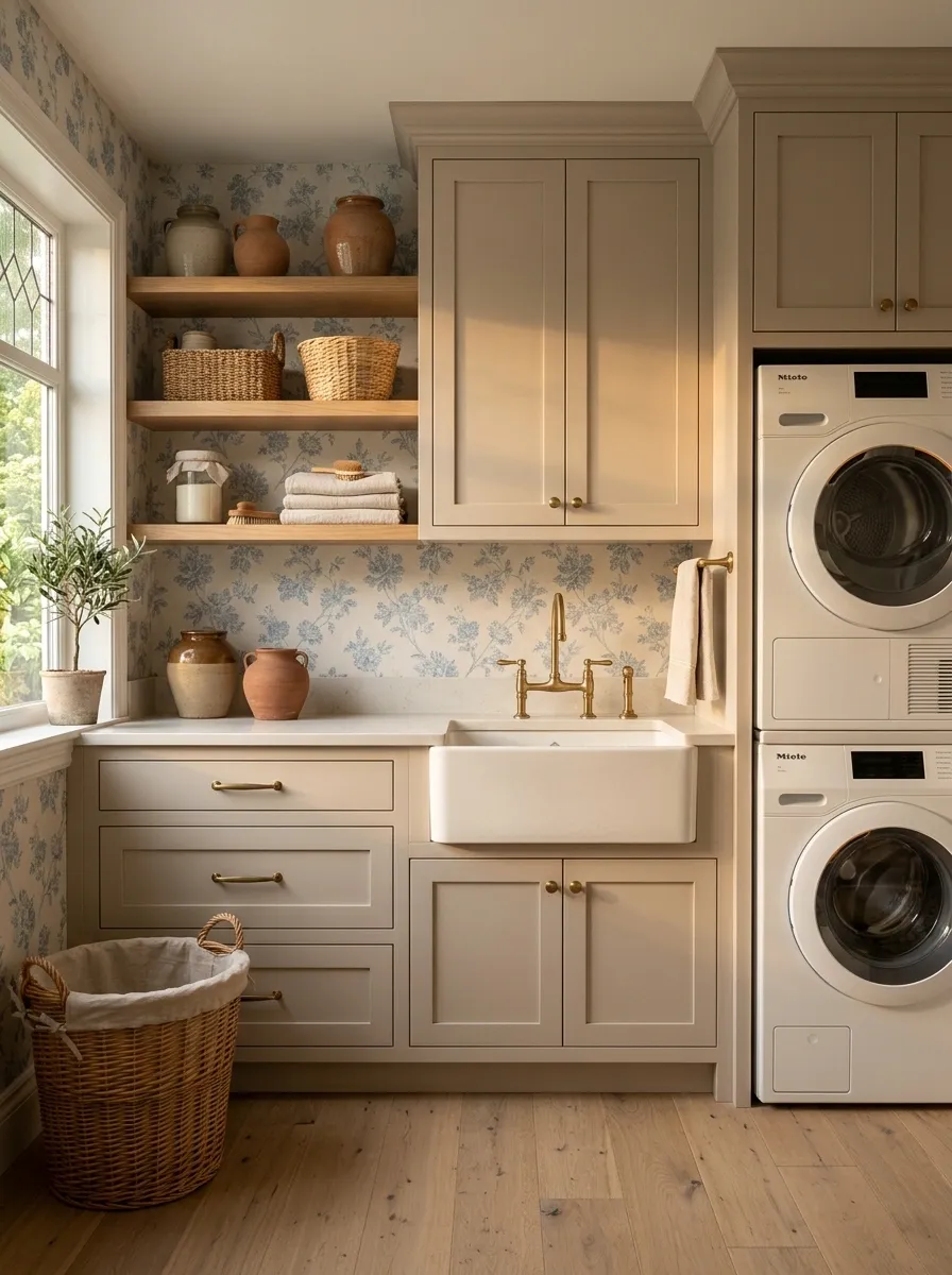 Vintage Blue Floral Wallpaper With Mushroom Cabinetry