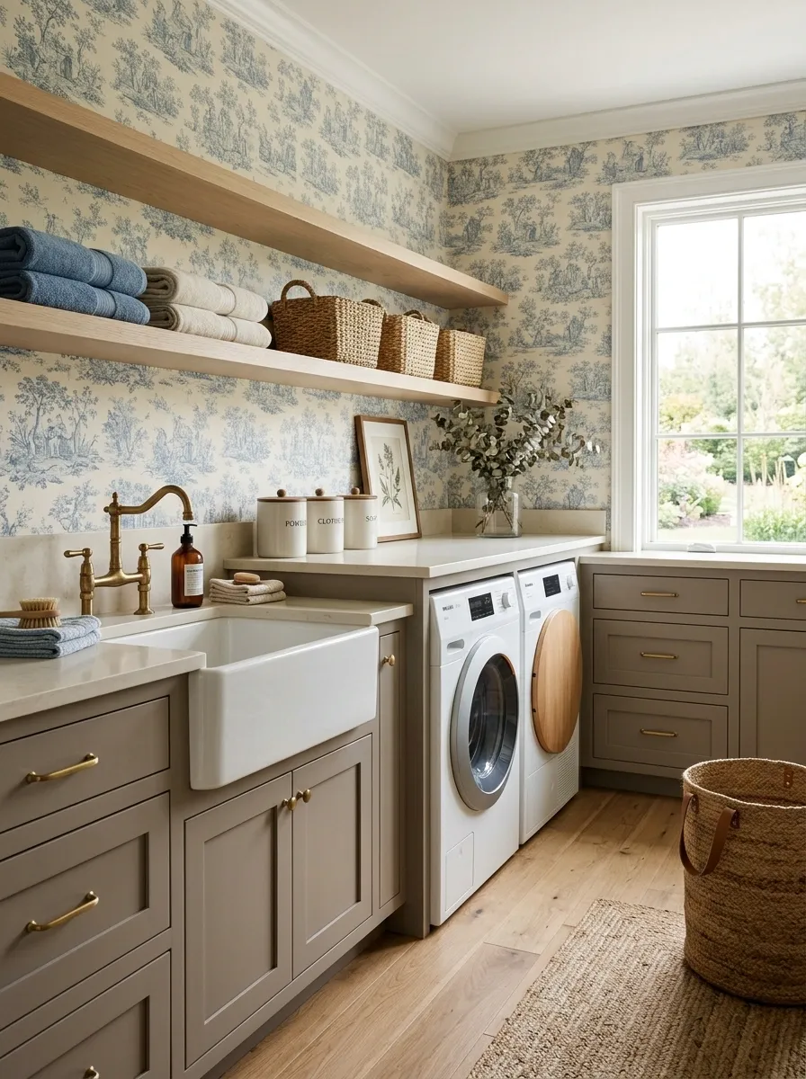 Vintage Blue Toile Wallpaper With Mushroom Cabinets